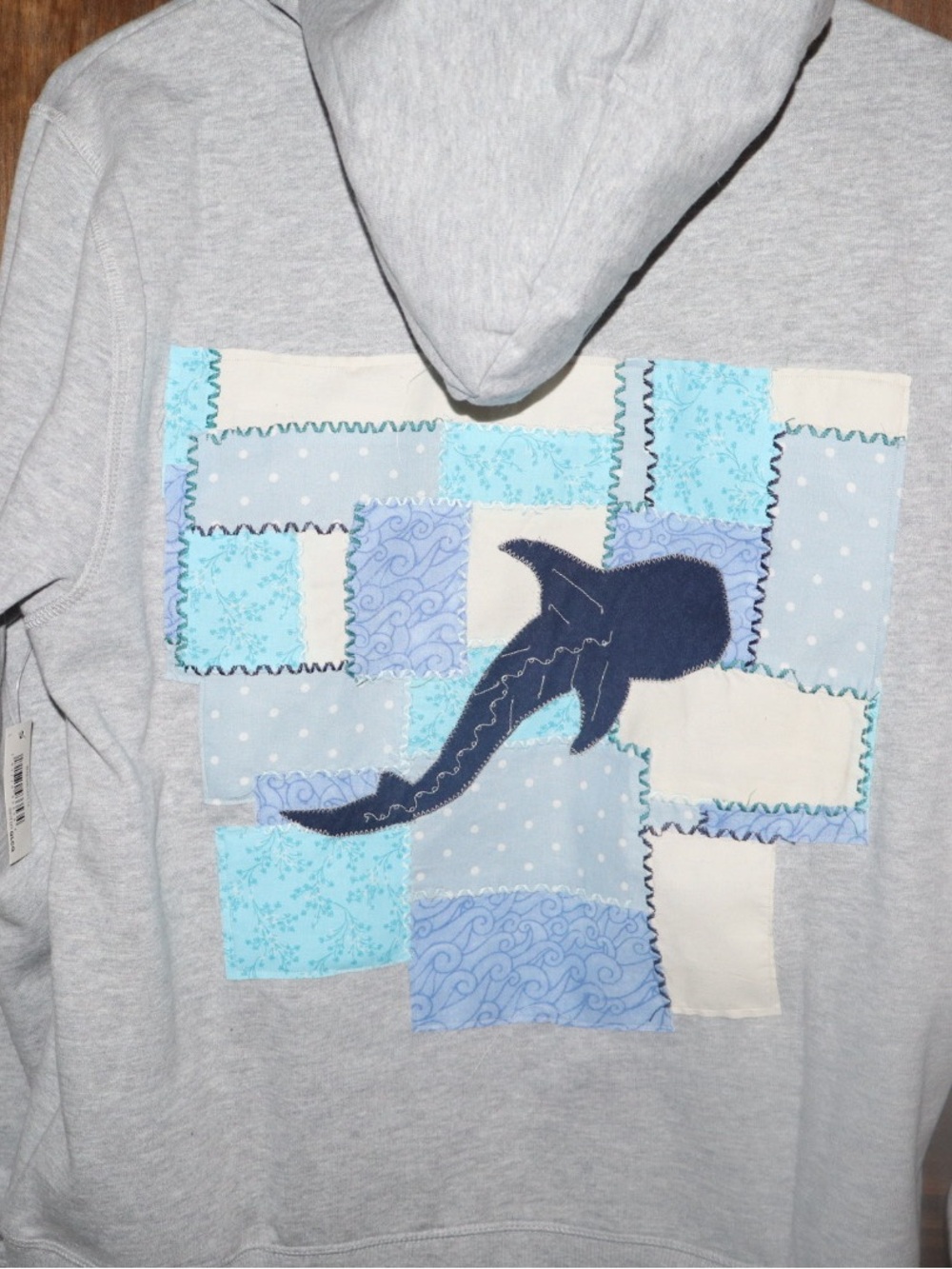 Gray Hoodie with Blue Shark Patchwork Applique